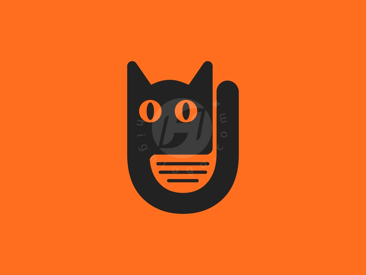 Cute Cat Golf Logo, Stylized black cat forming the letter U features large orange eyes and horizontal stripes against a bright orange background.