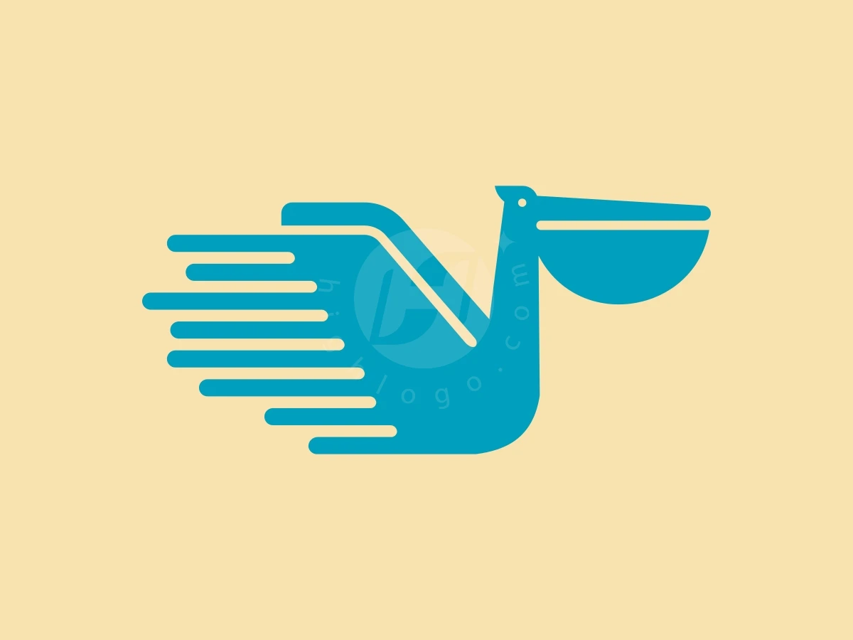 Modern Pelican Express Logo, Horizontal lines convey motion in a stylized blue pelican icon set against a warm cream background.