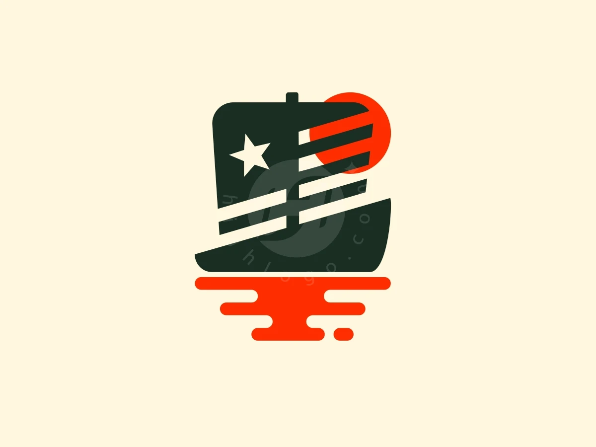 Abstract Hat Ship Logo, Stylized dark green sailboat with a white star glides past a red sun, casting vibrant red water reflections.