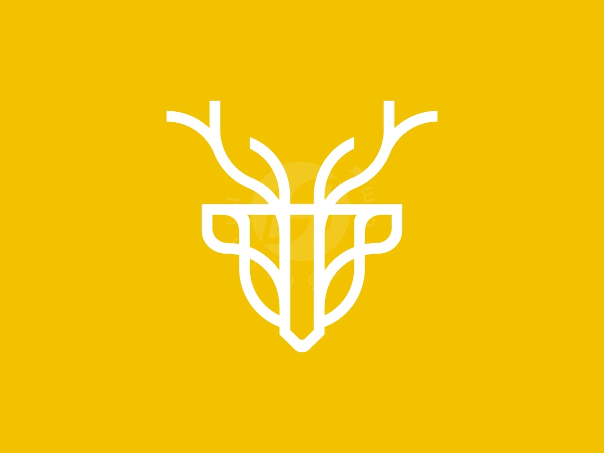 Simple Shield Deer Head Logo, Against a solid yellow background, clean white lines form a symmetrical, stylized deer head with prominent antlers.