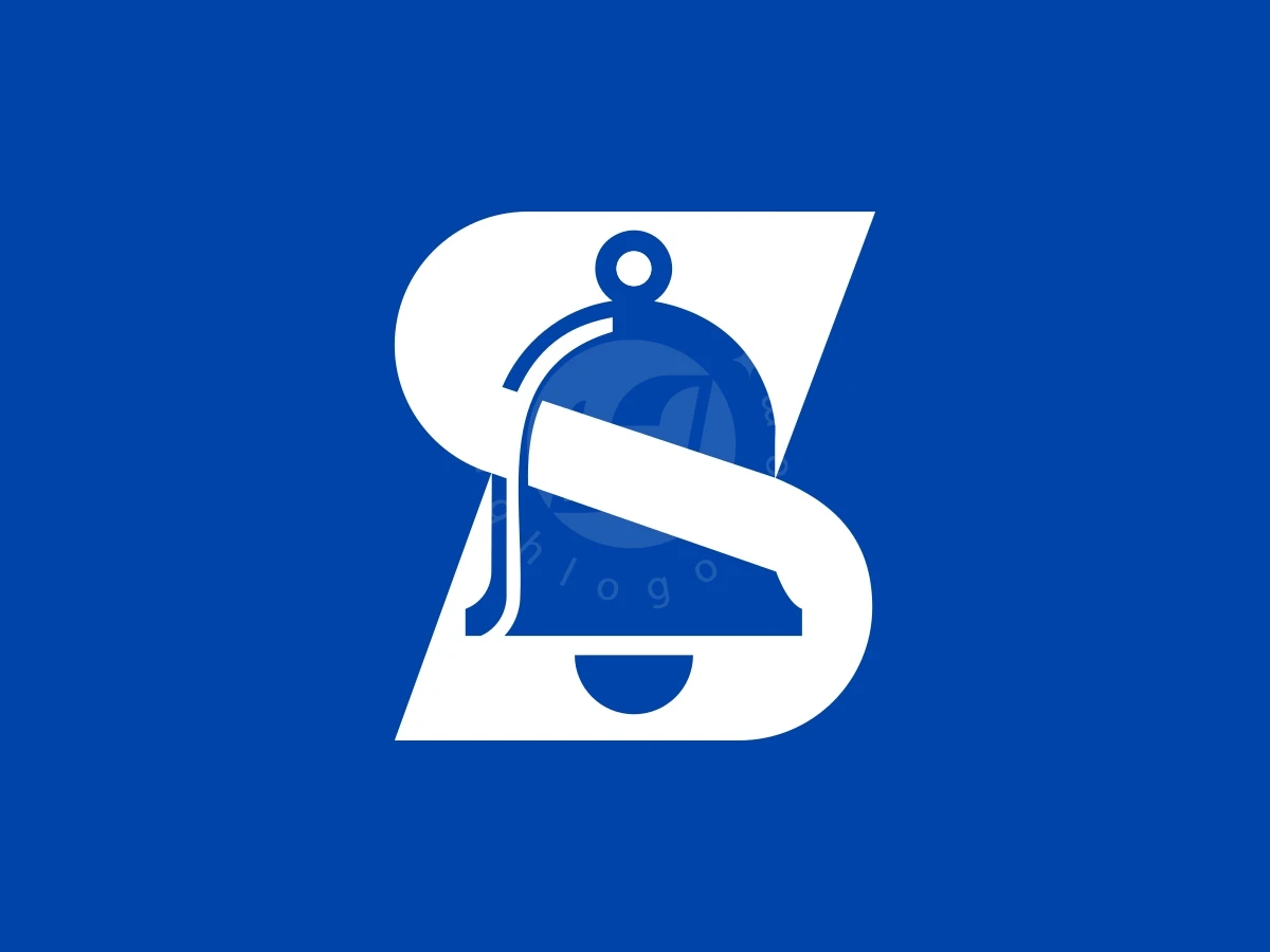 Modern Letter S Bell Logo, Against a blue background, a stylized white letter S creatively integrates a central blue bell icon.