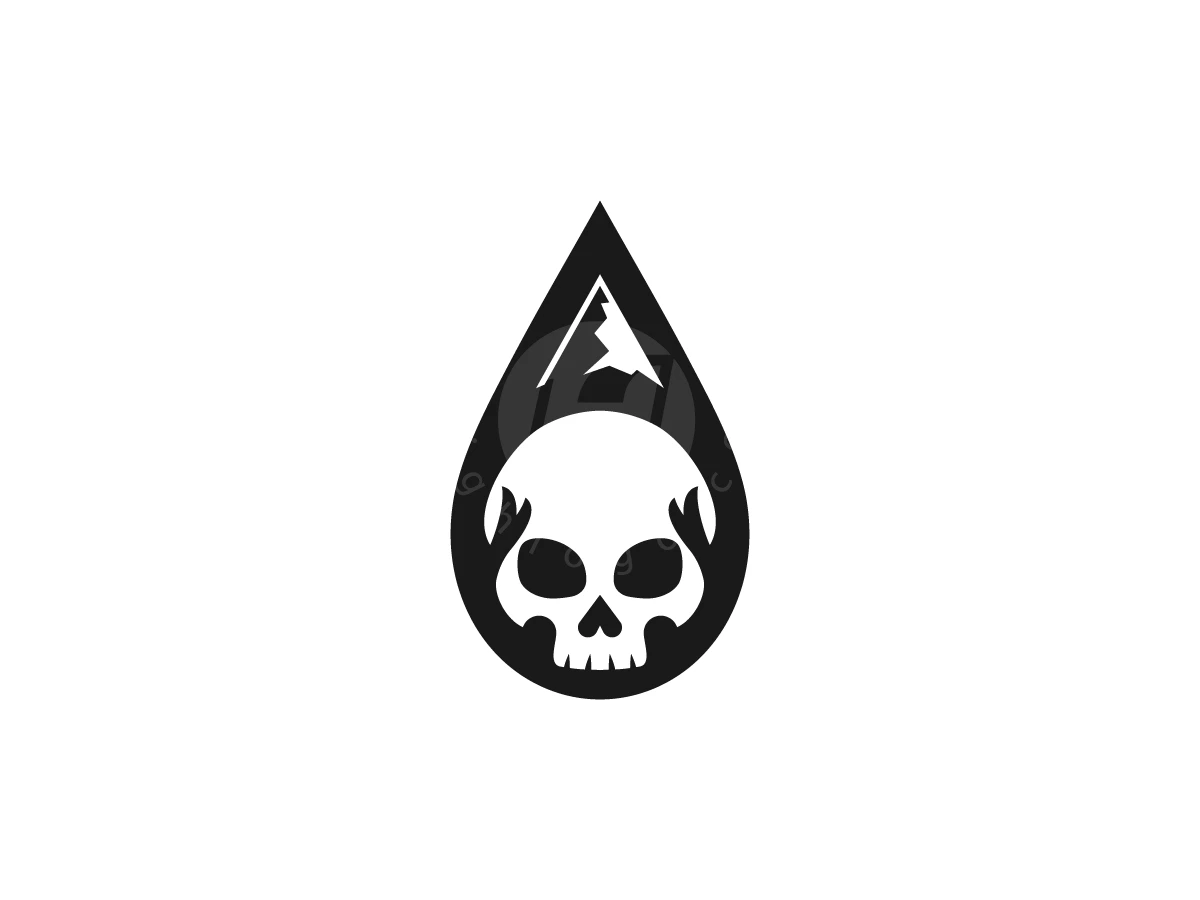 Skull Mountain Water Drop Logo, Encapsulated inside a black teardrop shape, a white skull sits beneath a sharp mountain peak.