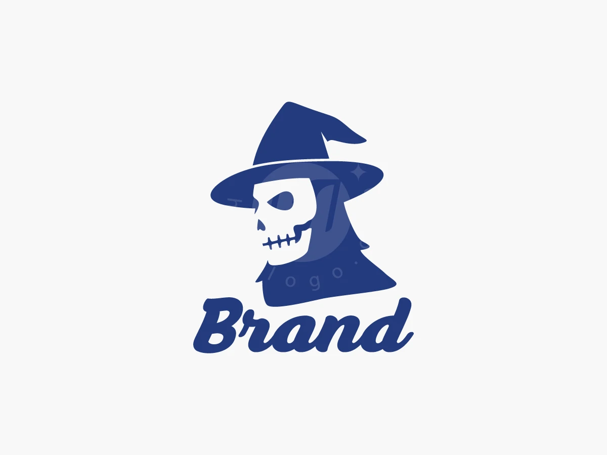 Skull Witch Hat Logo, Dark blue skull wearing a pointed wizard hat sits above bold cursive typography reading "Brand" on white.