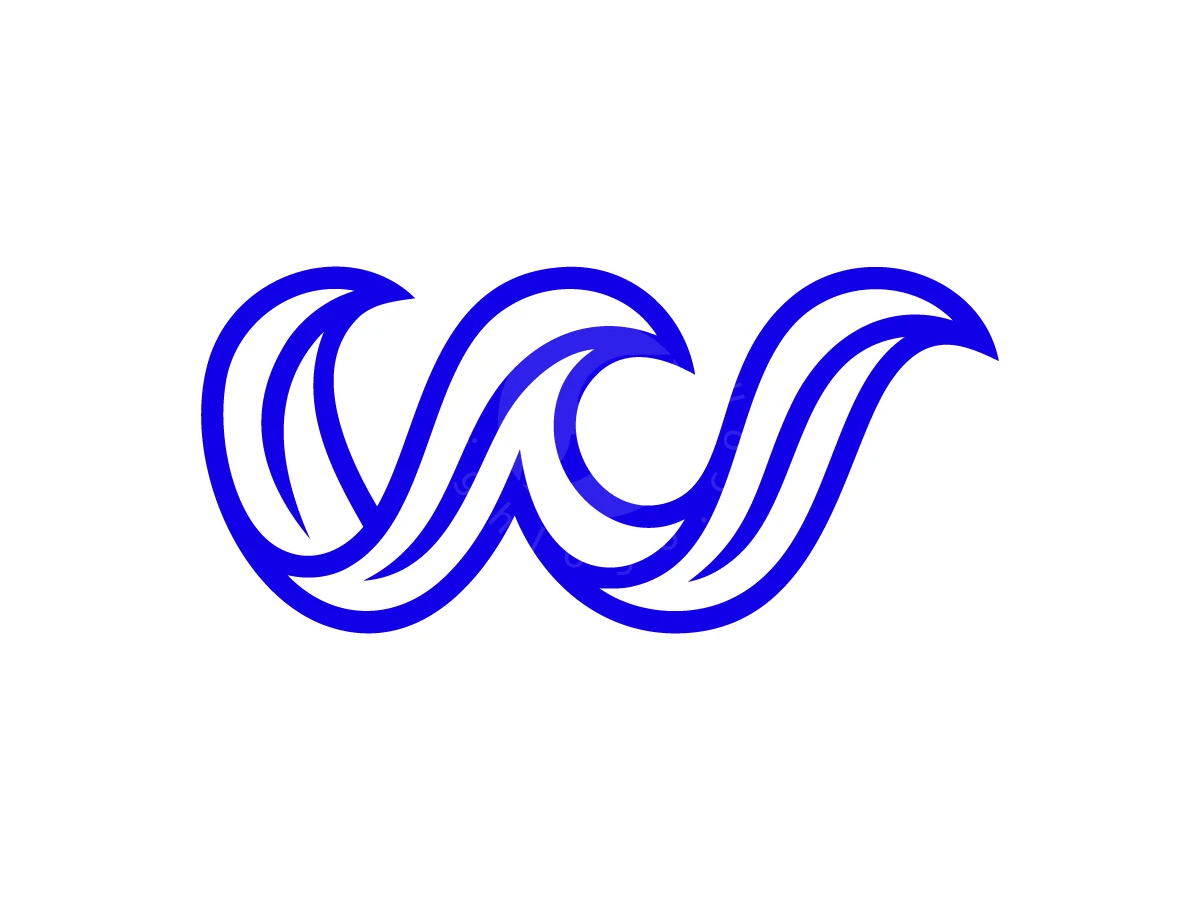 Wave W Geometric Ocean Logo, Waves of vibrant blue line art swirl dynamically, forming a stylized letter W on a white background.