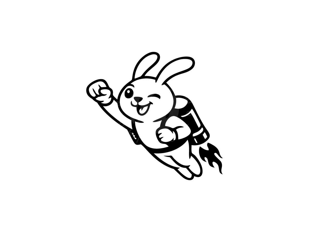 Flying Bunny Jetpack Mascot Logo, Flying upward with a raised fist, a winking black-and-white cartoon rabbit wears a jetpack blasting flames.
