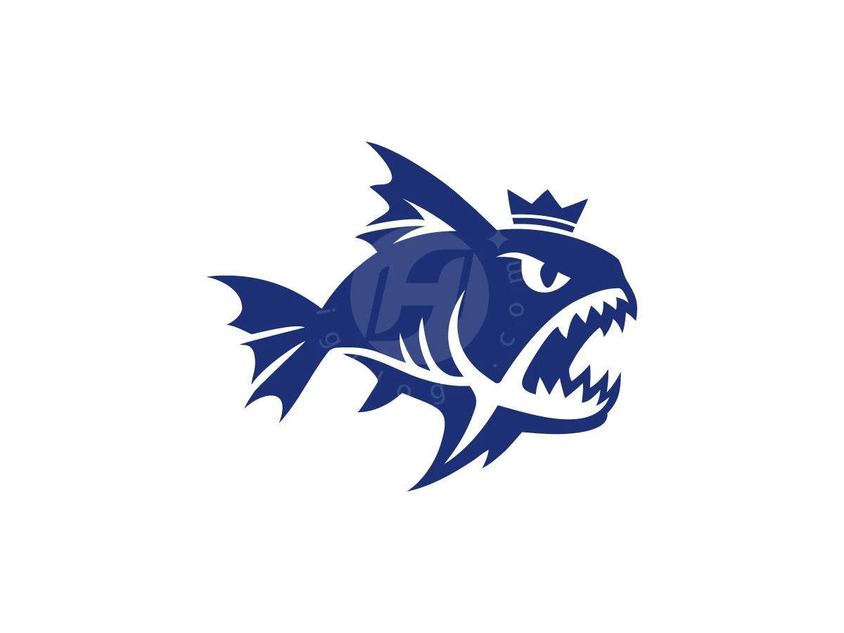 Royal Predator Fish Hidden Arrow Logo, Floating on white, a dark blue piranha features an angry eye, sharp teeth, spiky fins, and a crown.
