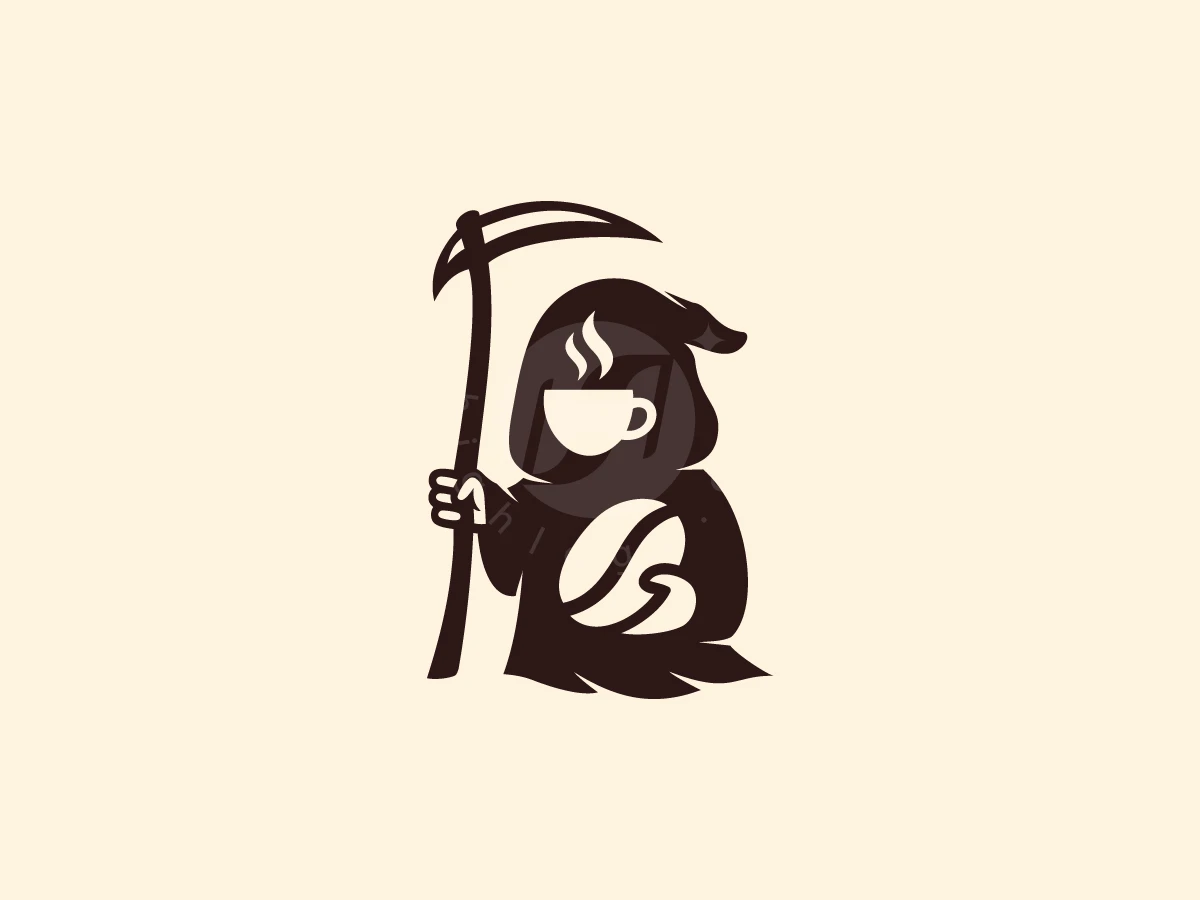 Grim Reaper Coffee Mascot Logo, Dark hooded reaper holding a scythe features a steaming white coffee cup face and coffee bean on beige.
