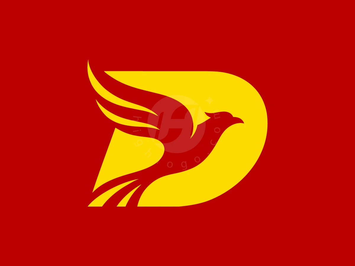 Negative Space Flying Bird Letter D Logo, Yellow stylized letter D seamlessly combines a red flying bird silhouette against a vibrant crimson background.