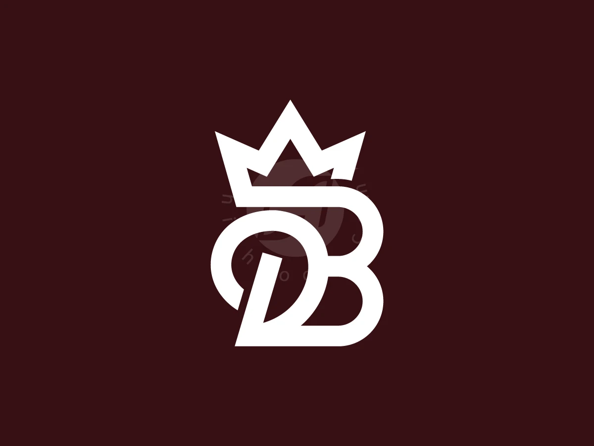 DB Monogram Crown Logo, Centered on a dark maroon background, white line art combines letters S, D, and B topped with a crown.