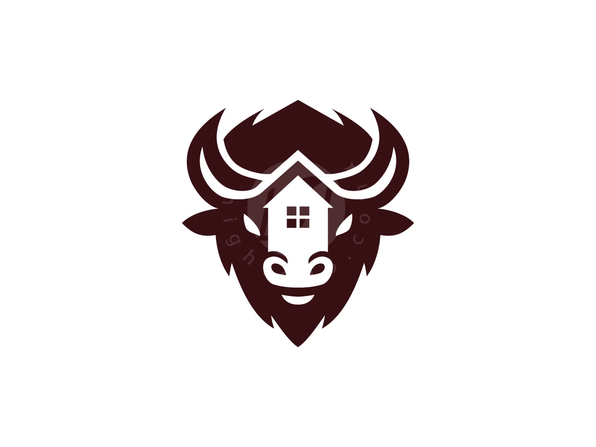 Bison House Real Estate Logo, Combining a dark brown bison silhouette with a white house shape on its snout over a plain background.