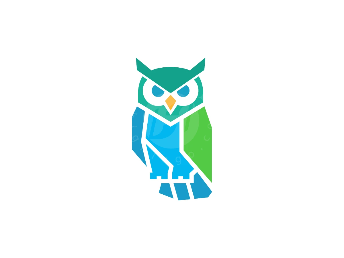 Geometric Tech Owl Mascot Logo, Polygons of teal, bright blue, and green form a stylized geometric owl with a sharp orange beak.