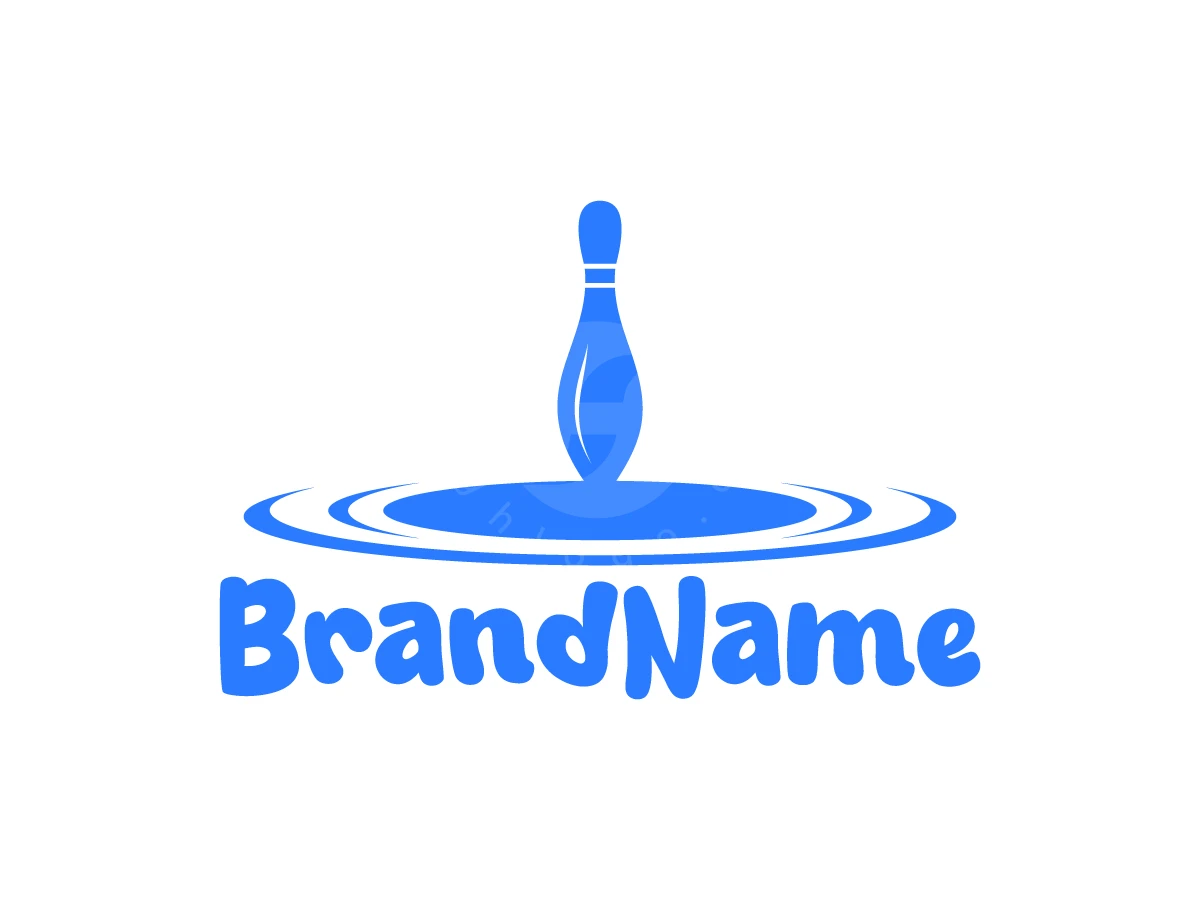 Bowling Pin Water Drop Logo, Rippling blue water circles surround an upright bowling pin above playful BrandName lettering on a white background.
