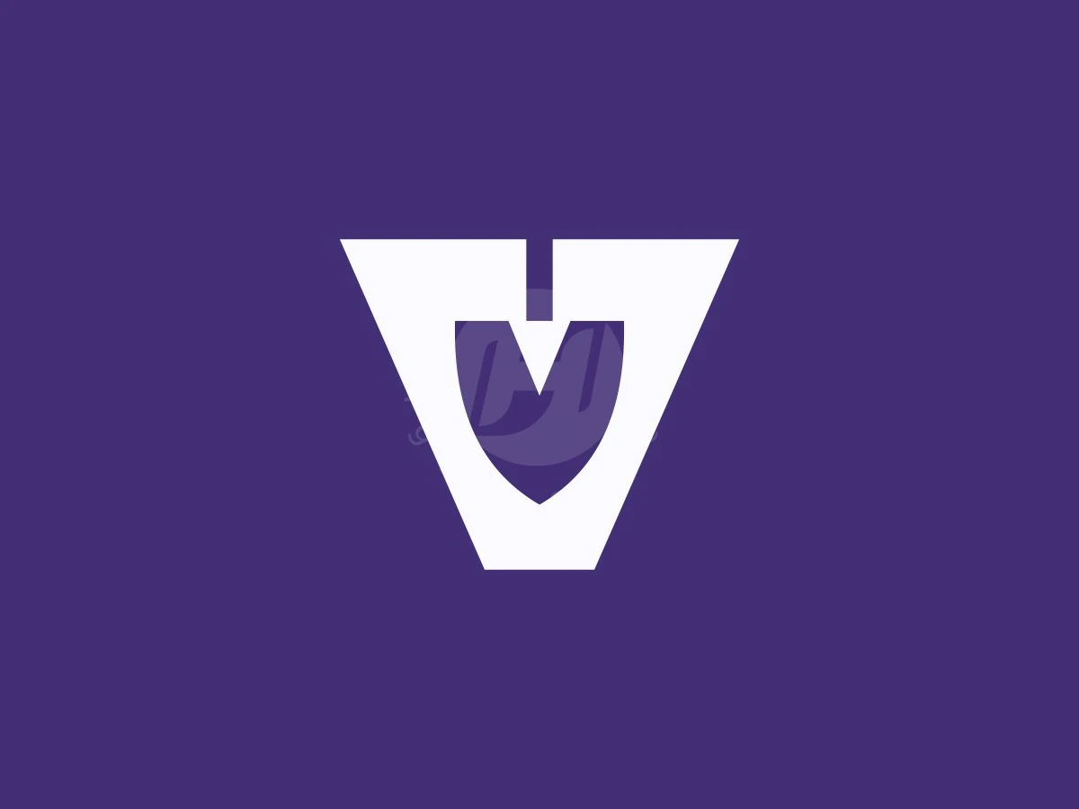 Letter V With A Spade Logo, Deep purple background showcases a white stylized letter V featuring a central shovel-shaped cutout.