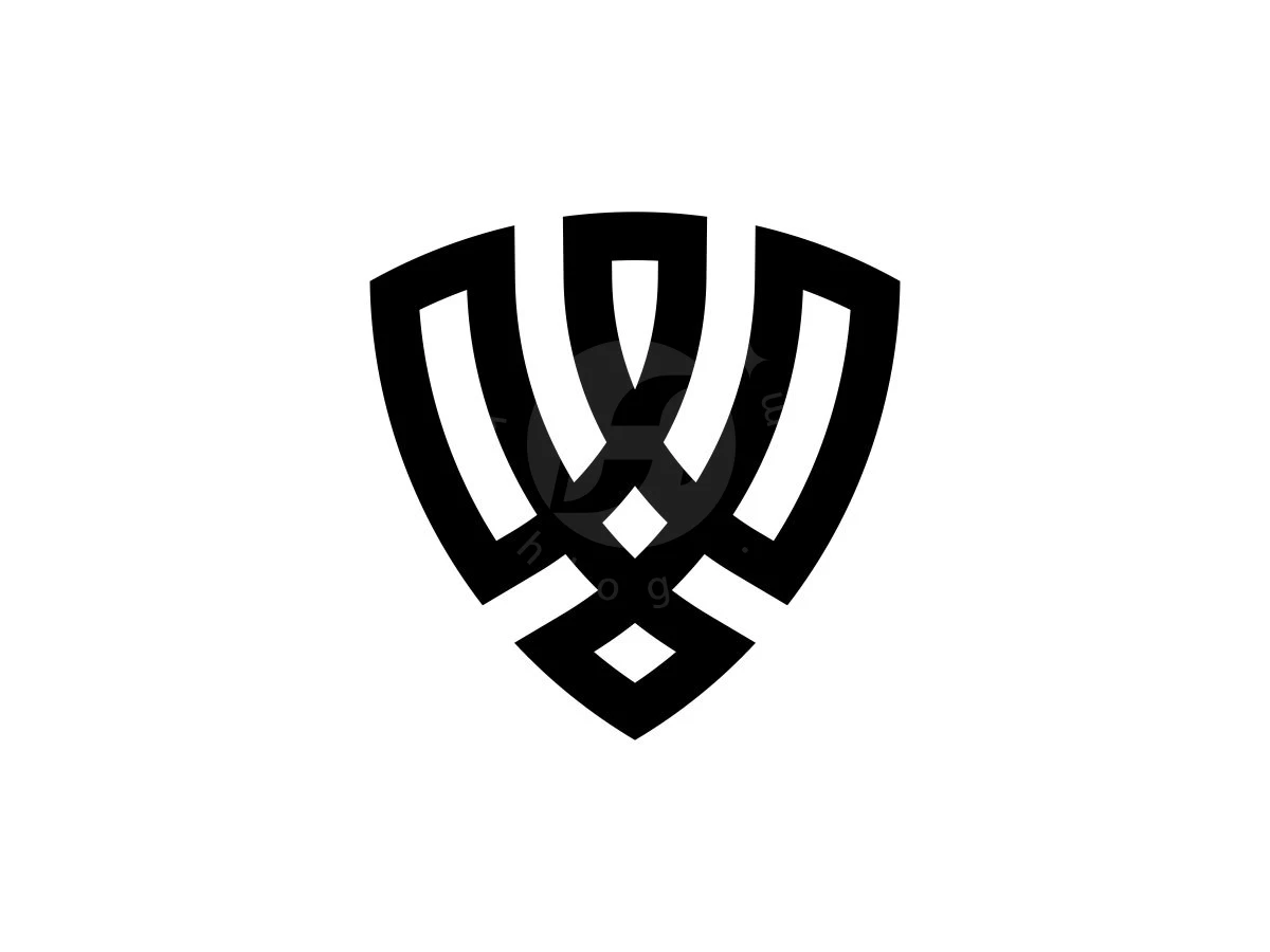 Letter W Shield Logo, Against a solid white background, thick black geometric lines form a symmetrical, shield-like emblem with a diamond base.