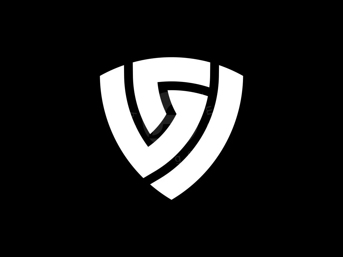 VG Or GV Shield Logo, Against a black background, a stylized white shield emblem is formed by interlocking geometric shapes.