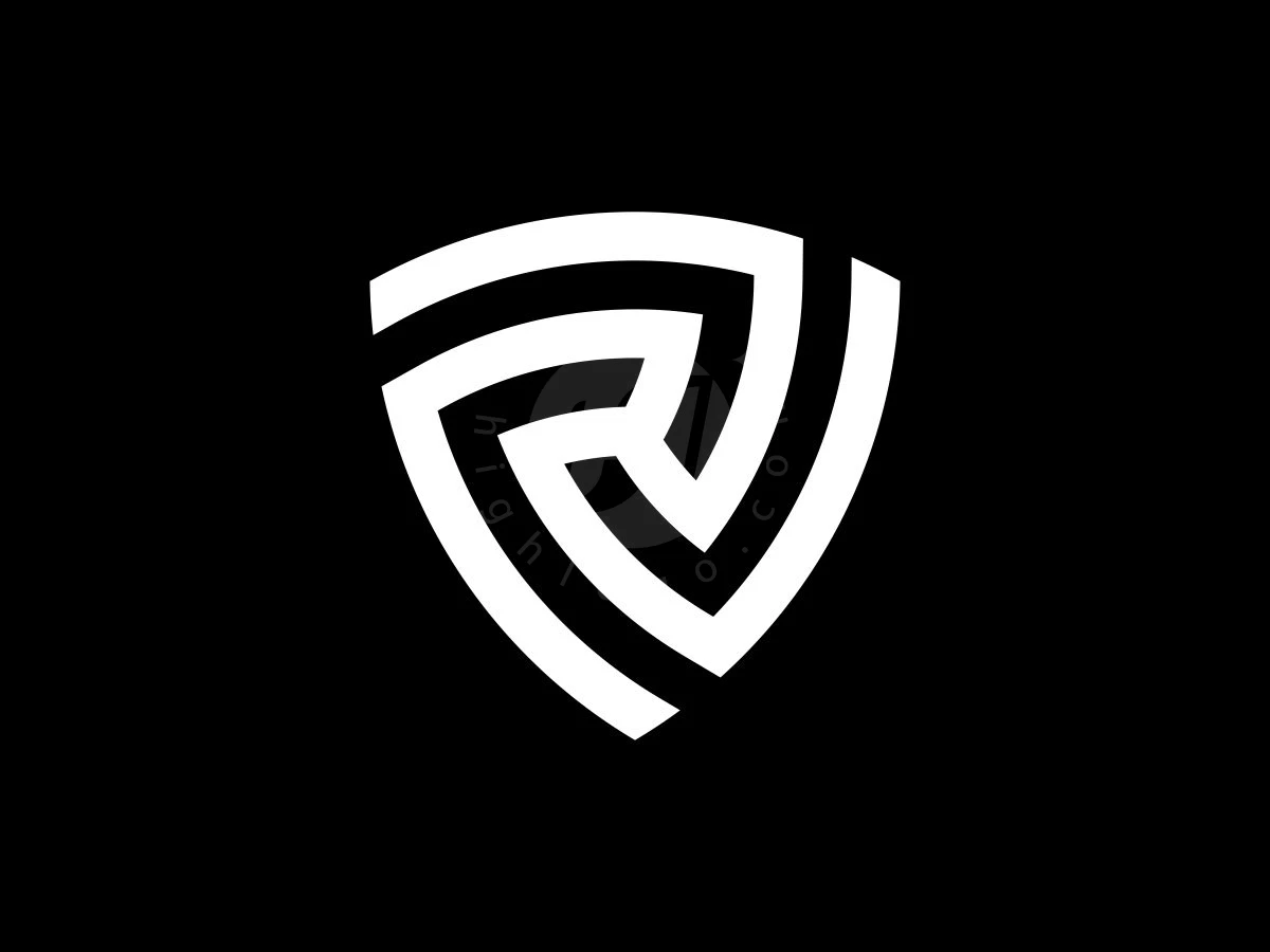 Letter R Shield Logo, Interlocking white lines form a stylized, geometric shield emblem against a solid black background.