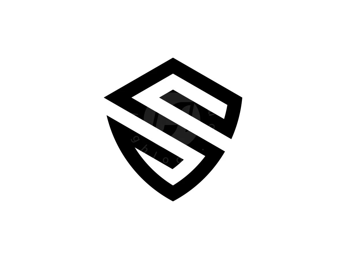 Futuristic Letter S Shield Logo, Interlocking black geometric bands shape a stylized letter S resembling a shield on a solid white background.