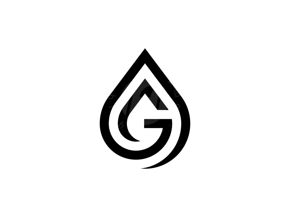 Minimalist Letter G Water Drop Logo, Black graphic lines shape a stylized teardrop fusing the letters A and G on a solid white background.