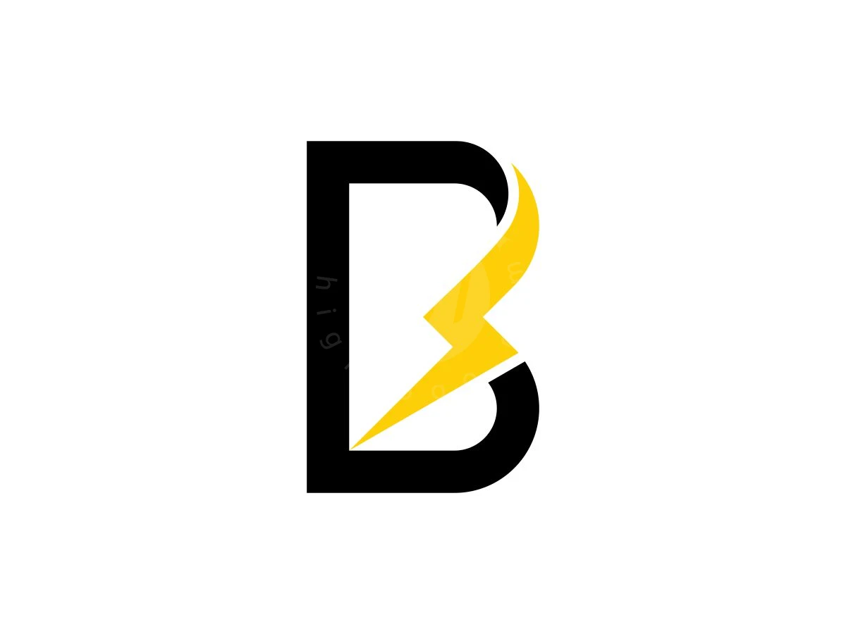 Futuristic Letter B Thunder Logo, Lightning bolt in yellow merges with a bold black letter B on a clean white background.