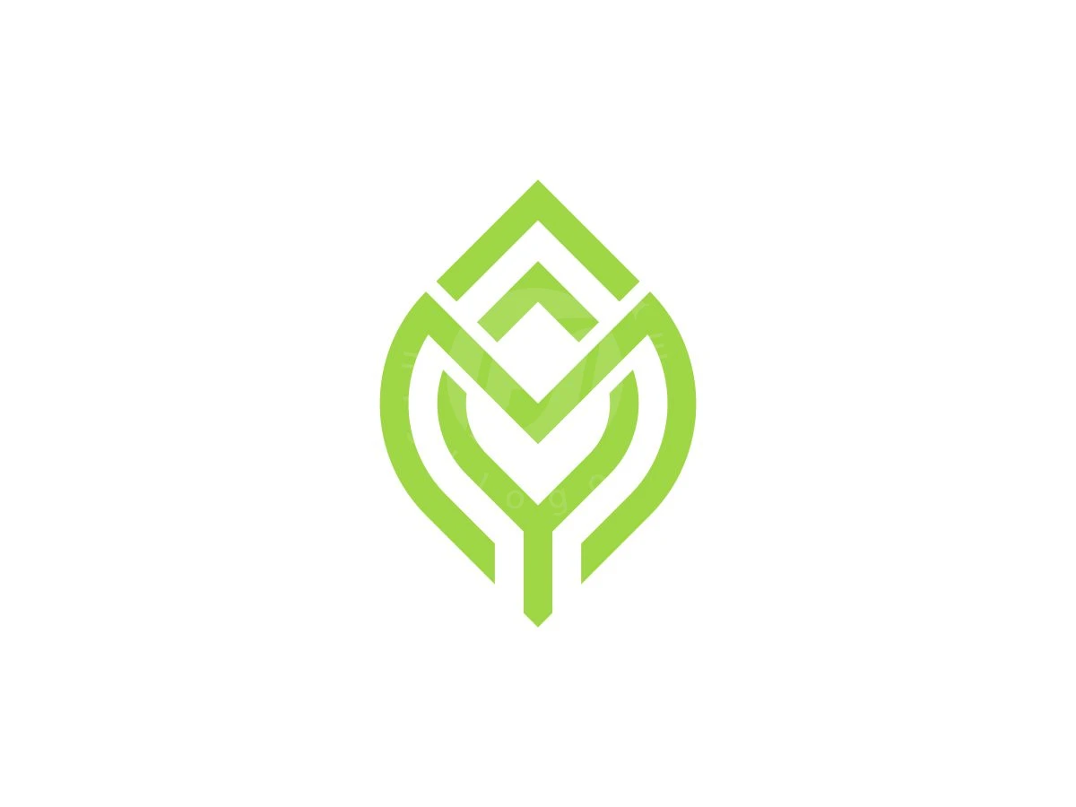 Geometric Letter M Leaf Logo, Bright green geometric lines interlock to form a stylized, symmetrical leaf shape set against a clean white background.