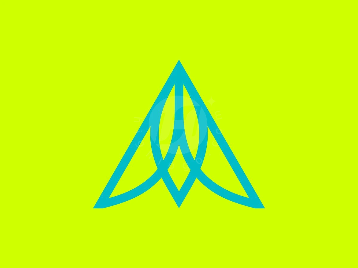 Minimalist Letter A Leaf Logo, Intersecting cyan lines create a symmetrical, geometric emblem centered on a solid, vibrant chartreuse yellow-green background.