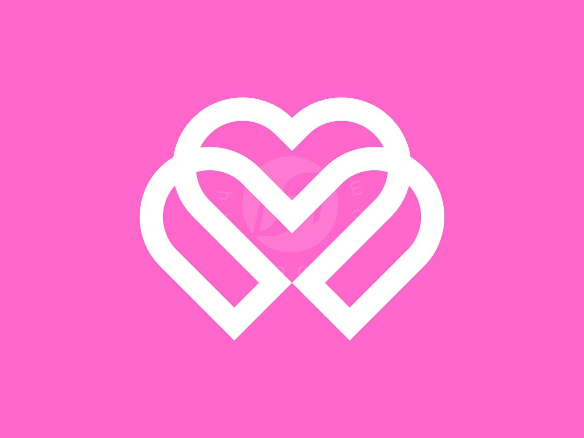 Geometric Letter M Heart Logo, Interlocking white lines form an intertwined heart symbol centered on a bright pink background.