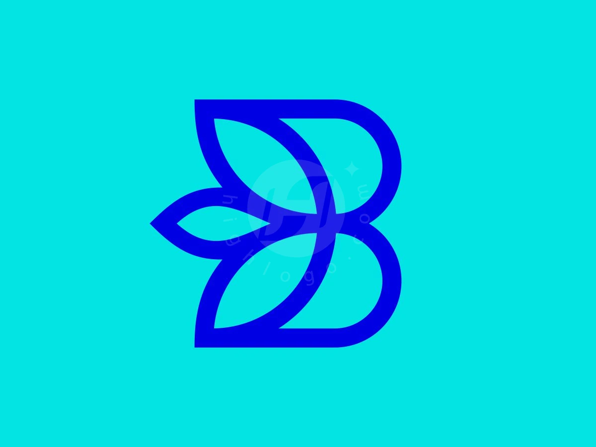 Minimalist Letter B Lotus Flower Logo, Lines in deep blue interlock to shape a letter B resembling butterfly wings against a bright cyan background.