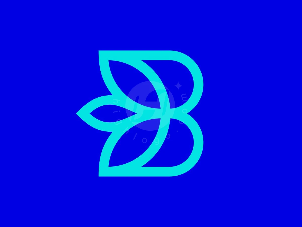 Minimalist Letter B Lotus Flower Logo, Forming a stylized letter B with leaf petals, bright cyan line art rests on a bold blue background.