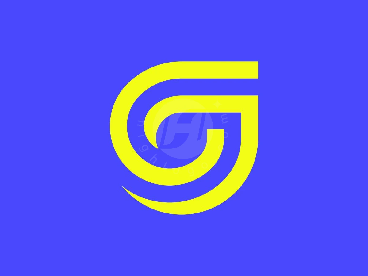 Minimalist Letter G Growth Leaf Logo, Set against a vivid royal blue background, bright yellow swirling lines form a stylized letter G symbol.