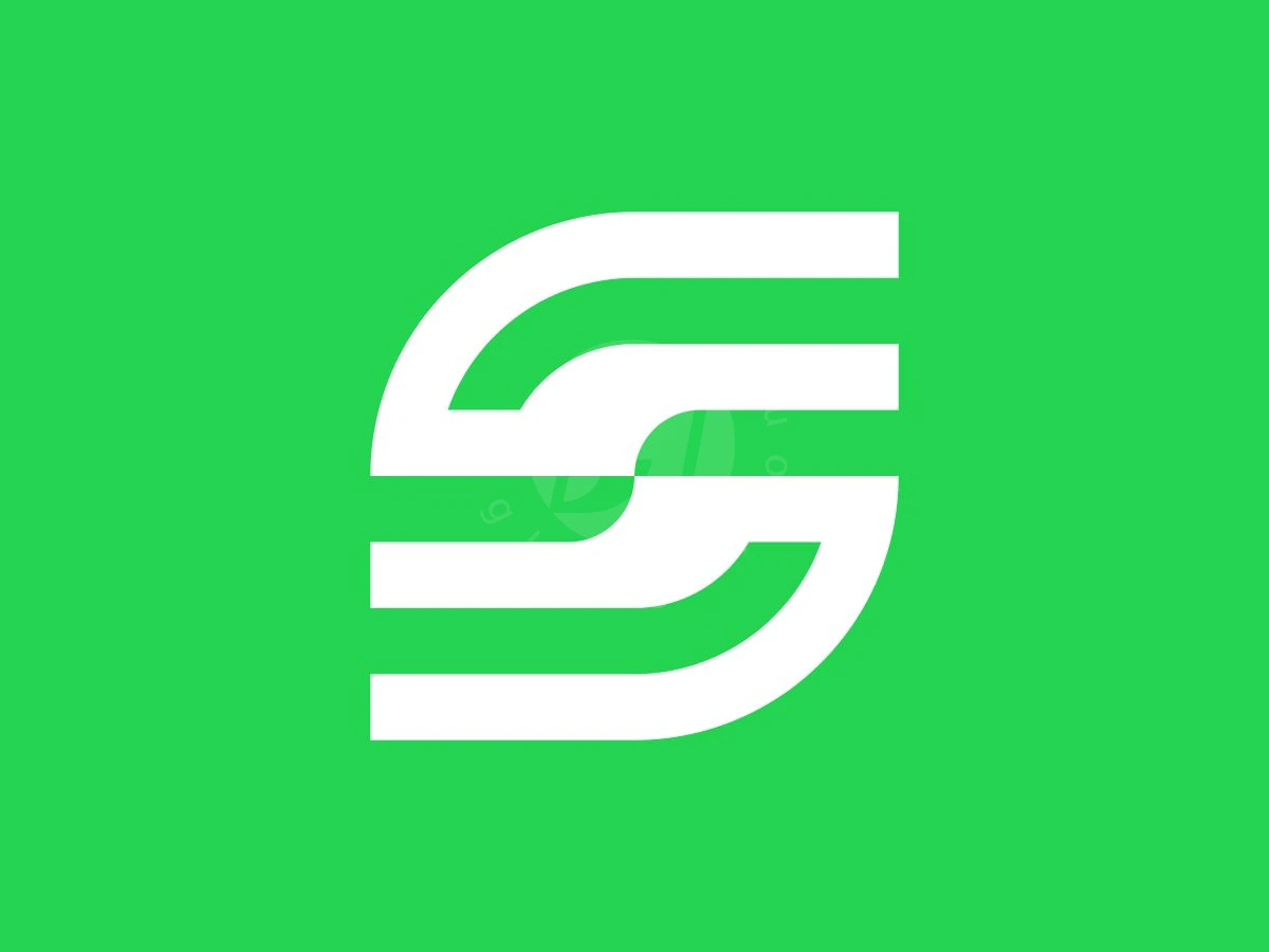 Abstract Letter S Leaf Logo, Set against a solid green background, bold white curved and horizontal stripes form a stylized letter S.