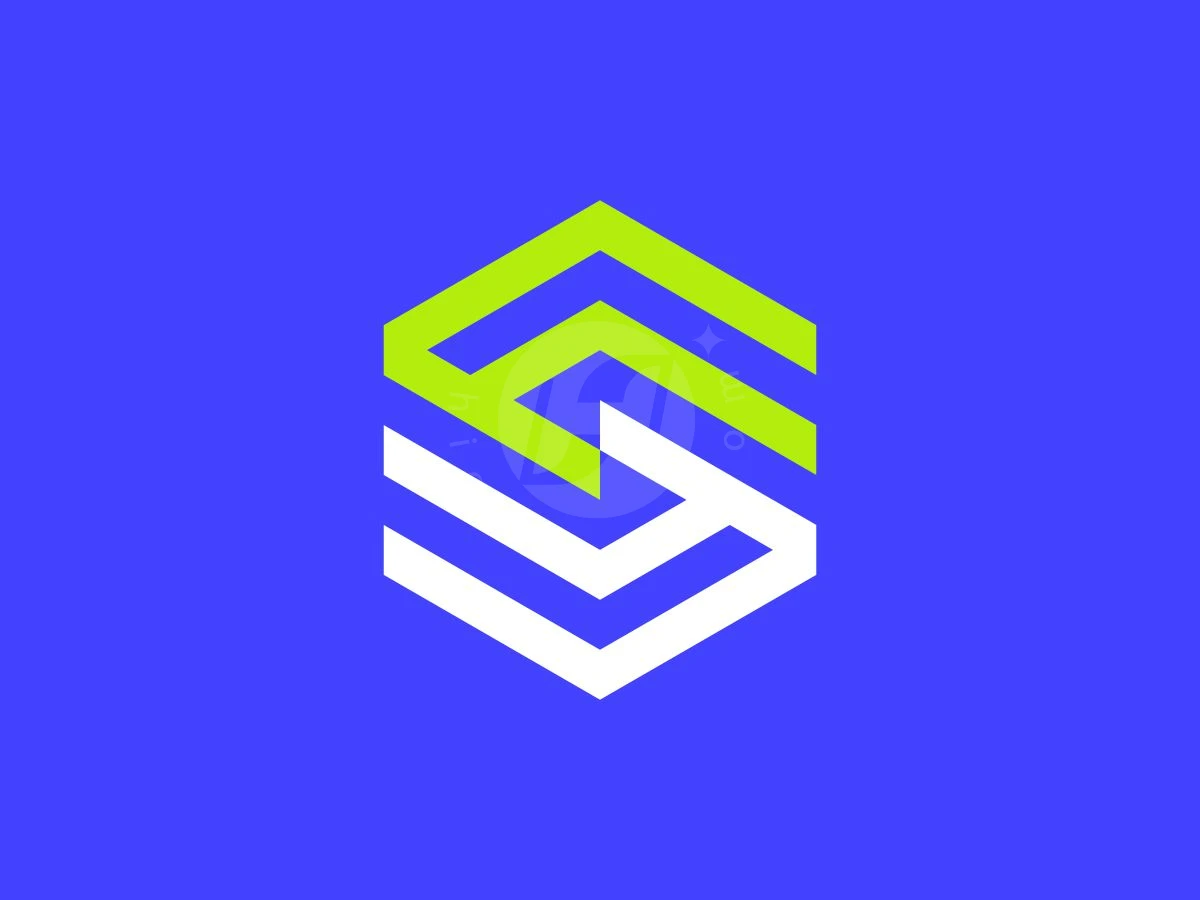 Futuristic Hexagon SS Monogram Logo, Interlocking lime green and white geometric lines form a hexagonal letter S symbol centered on a vibrant blue background.