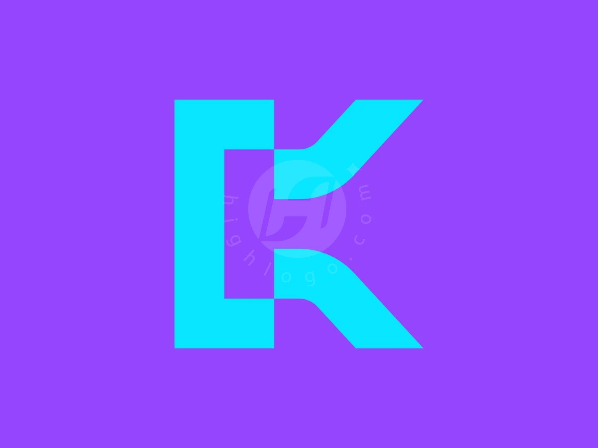 Abstract CK Or KC Monogram Logo, Cyan geometric shapes form interlocked letters C and K against a vibrant purple background.