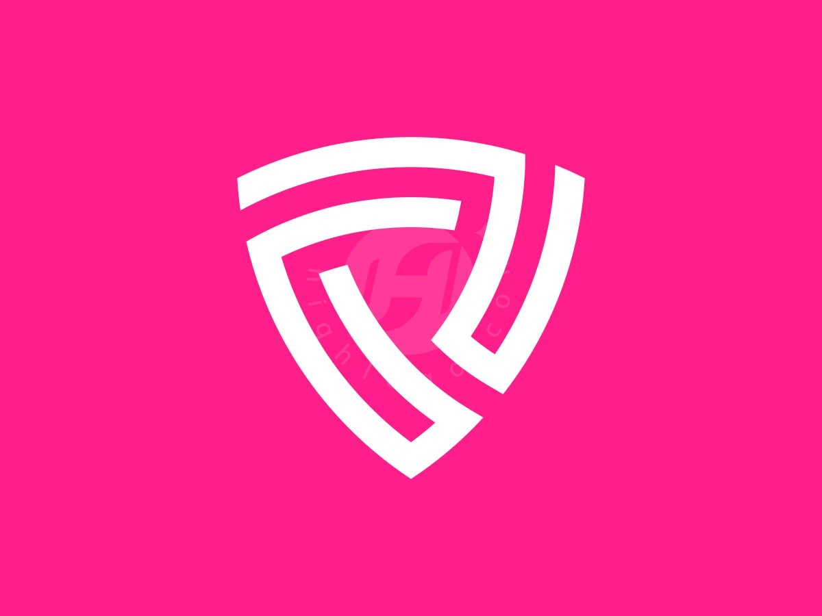 Futuristic Letter P Shield Logo, Centered on a bright pink background, interlocking thick white lines form a geometric, triangular shield symbol.
