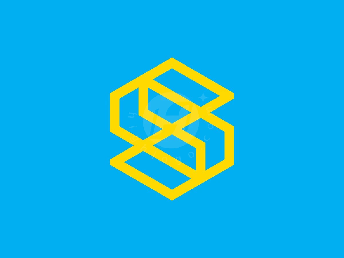 SC Or CS Geometric Hexagon Logo, Lines of bright yellow interlock to form a hexagonal geometric S symbol against a solid blue background.