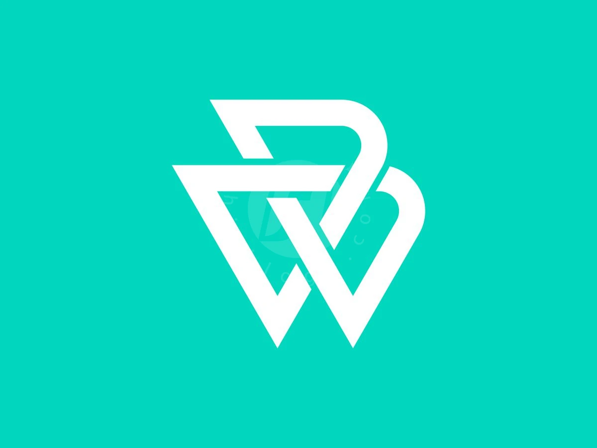 Geometric WB Or BW Monogram Logo, Interlocking thick white geometric lines form a triangular monogram against a solid vibrant turquoise background.