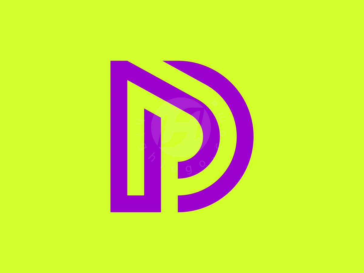 Minimalist DP Or PD Monogram Logo, Centered on a bright lime-green background, stylized purple geometric lines seamlessly merge to form letters P and D.