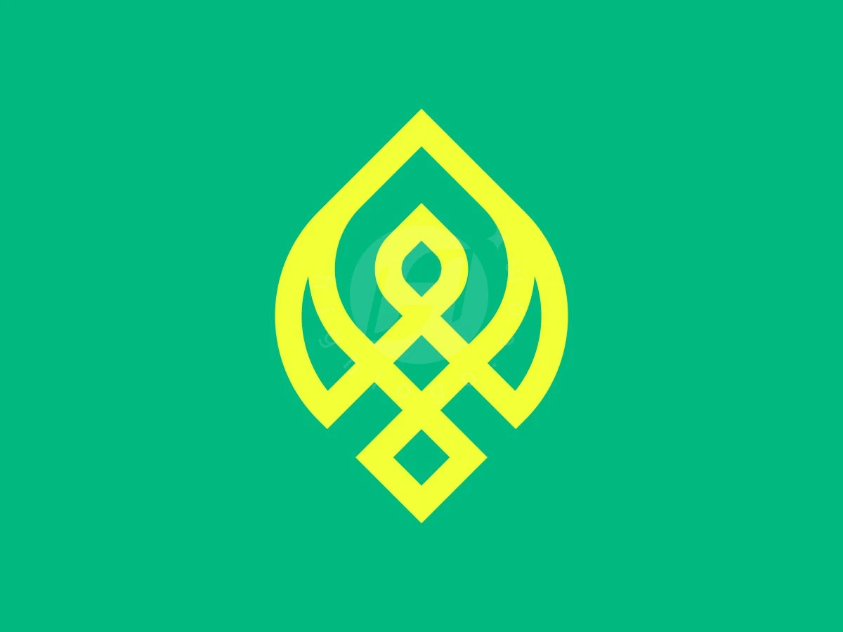 Abstract Letter W Leaf Logo, Centered on a solid green backdrop, a vibrant yellow geometric emblem displays interwoven lines and diamond shapes.