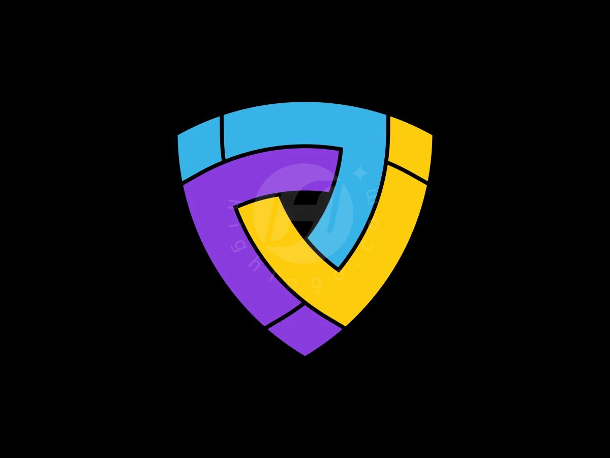 Triple J Shield Logo, Interlocking cyan, purple, and yellow geometric segments create a triangular shield emblem set against a dark black background.