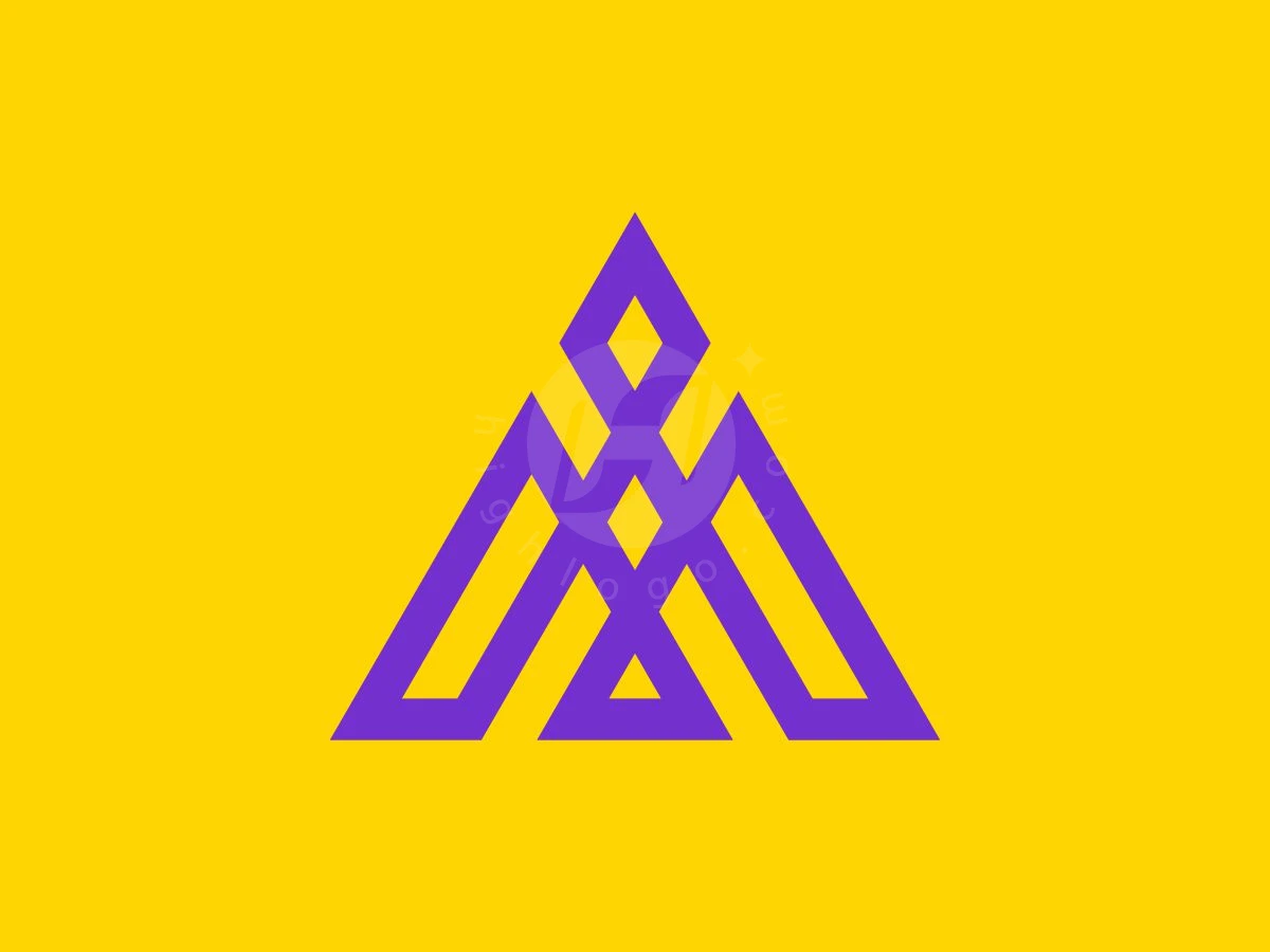 Geometric AM Or MA Monogram Logo, Geometric purple lines construct a symmetrical triangular emblem over a solid, vibrant yellow backdrop.