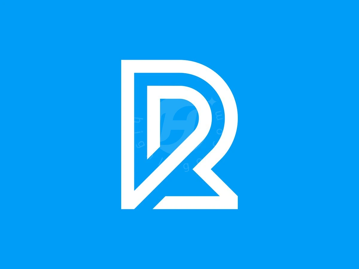Minimalist RP Or PR Monogram Logo, Set against a bright blue background, white geometric lines form an interlocking monogram of the letters D and R.