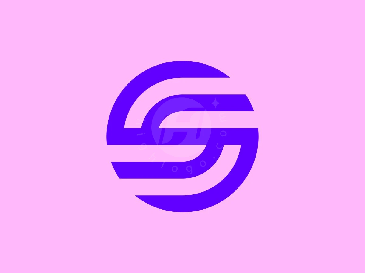 Futuristic SS Monogram Logo, Centered on a bright pink background, a circular purple icon displays stylized, interlocking curved stripes forming an S shape.