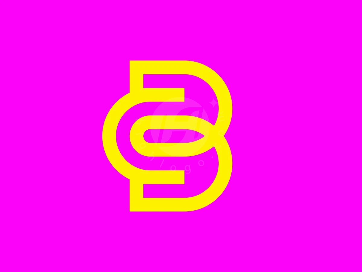 Futuristic Abstract BC Or CB Letter Logo, Yellow geometric lines intertwine to form a stylized B monogram against a bright magenta background.