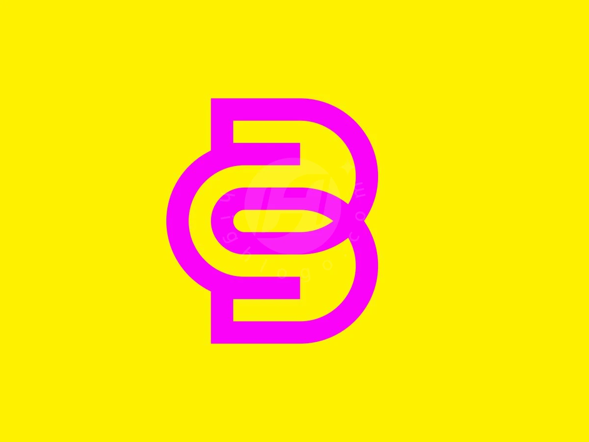 Futuristic Abstract BC Or CB Letter Logo, Centered on a bright yellow background, vibrant magenta interlocking geometric lines form a stylized letter monogram.