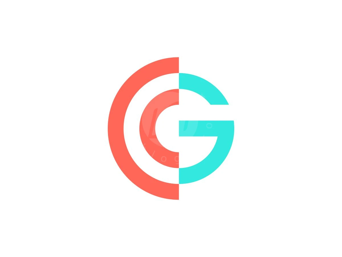 Futuristic Abstract CG Or GC Letter Logo, Two coral red arcs align with a bright cyan letter G over a plain white background.