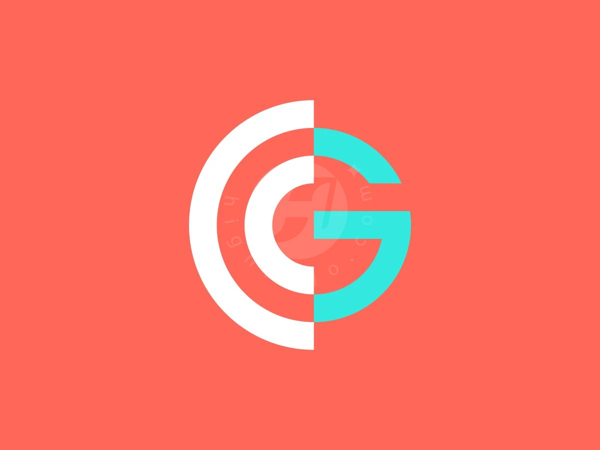 Futuristic Abstract CG Or GC Letter Logo, Interlocking white circular arcs and a vibrant cyan letter G form a central emblem over a bright coral background.