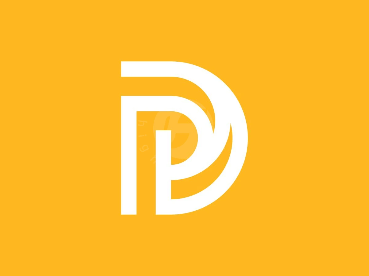 Elegant DP Or PD Monogram Logo, Interlocking white geometric lines form a stylized letter D monogram against a solid vibrant yellow background.