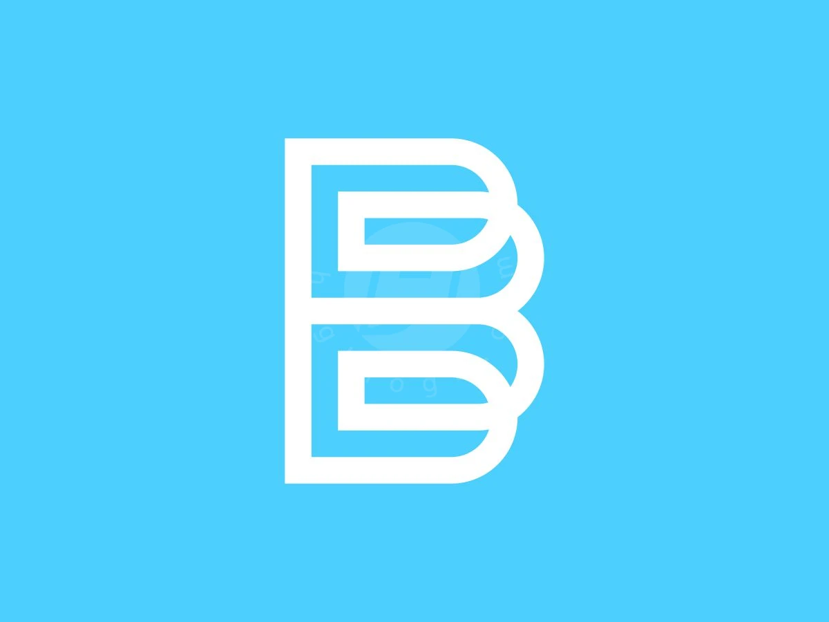 Geometric BB Monogram Logo, Against a vibrant blue background, clean white geometric line art forms a stylized double-looped letter B.