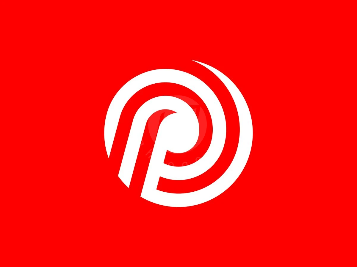 Modern PP Monogram Spiral Logo, Loops of white concentric lines form a circular spiral letter P centered on a bright red background.