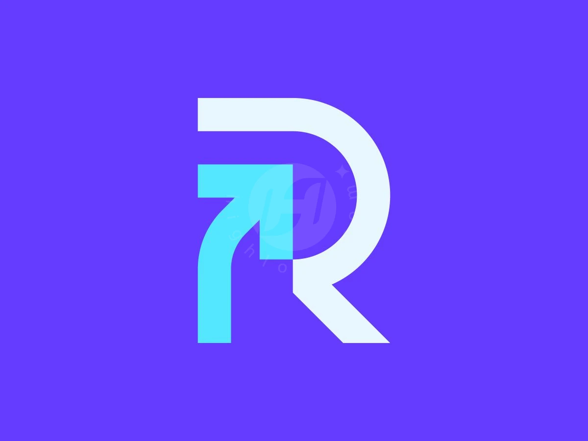 Letter R Right Arrow Logo, Stylized letter R features a cyan upward arrow and white curved lines over a vibrant purple background.