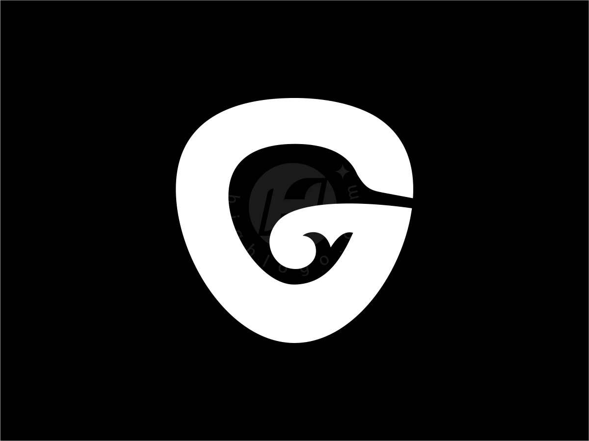 Happy Dolphin Letter G Logo, Curves of stark white shape a stylized letter G emblem centered against a solid black background.